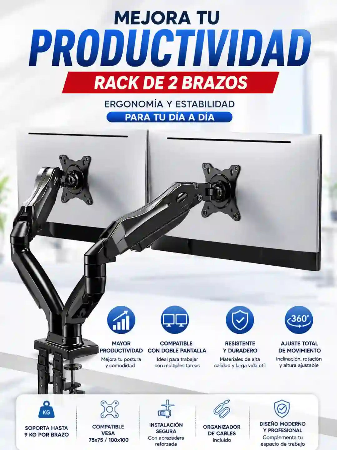RACK DE 2 BRAZOS UNIVERSAL PARA MONITOR