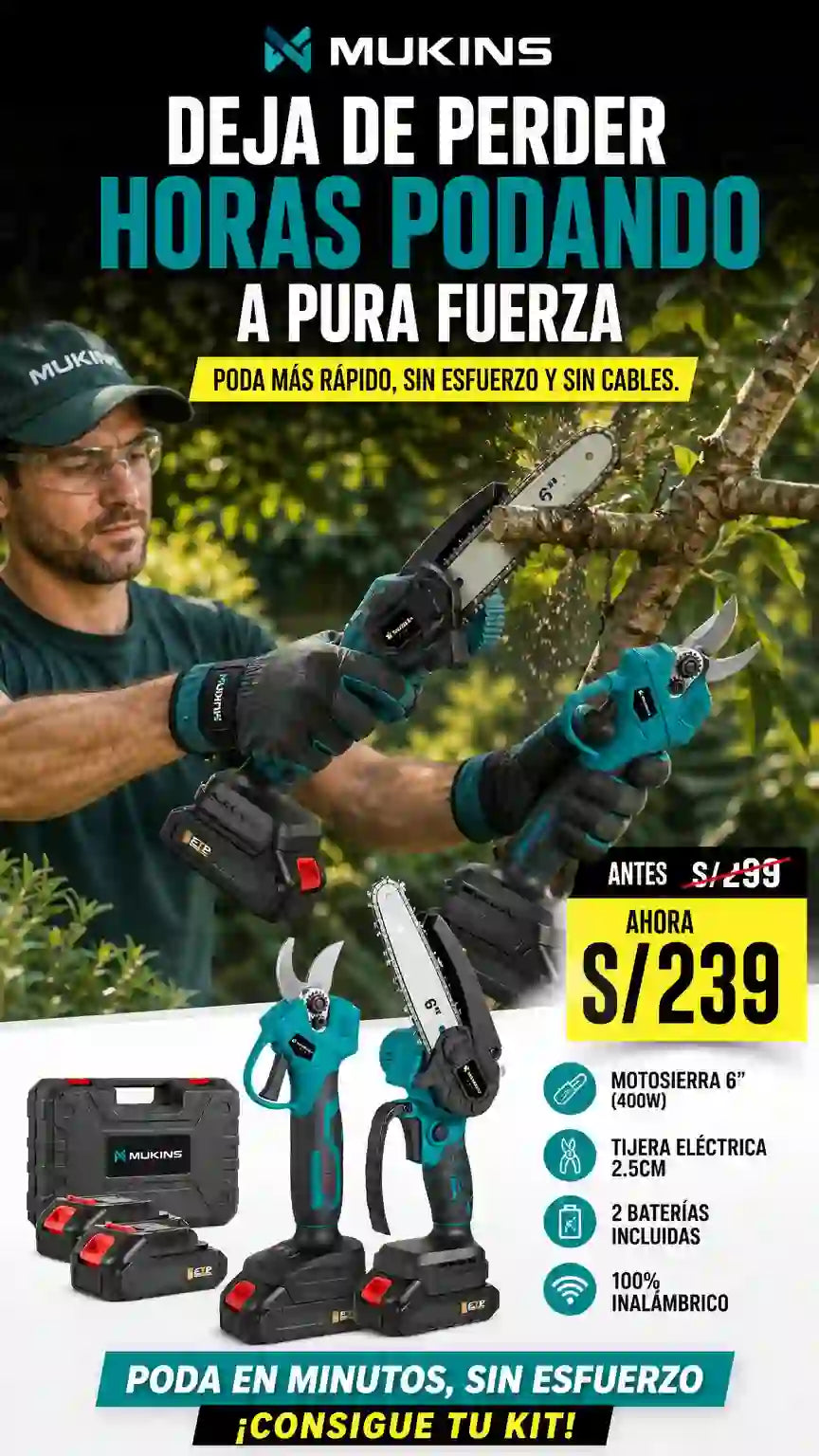 KIT DE PODA PROFESIONAL 2 EN 1: SIERRA + TIJERA ELÉCTRICA MUKINS
