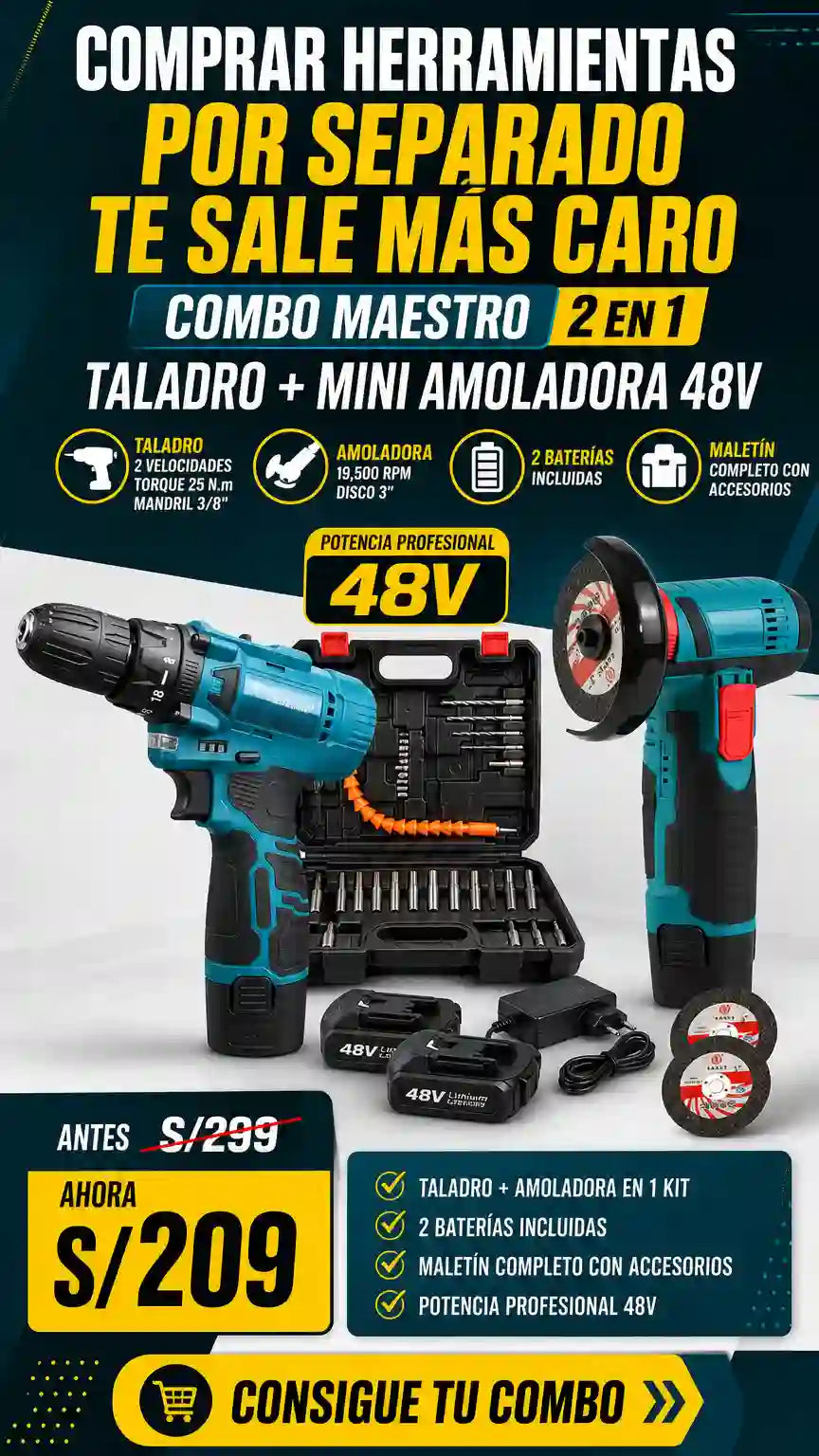 COMBO MAESTRO 2 EN 1: TALADRO + MINI AMOLADORA 48V